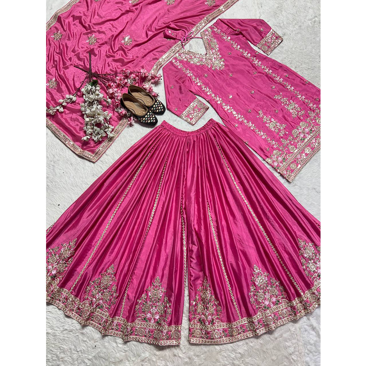 SHAFNUFAB WOMEN'S Chiffon Stiched Suit (SF251162-M SIZE Pink Medium )