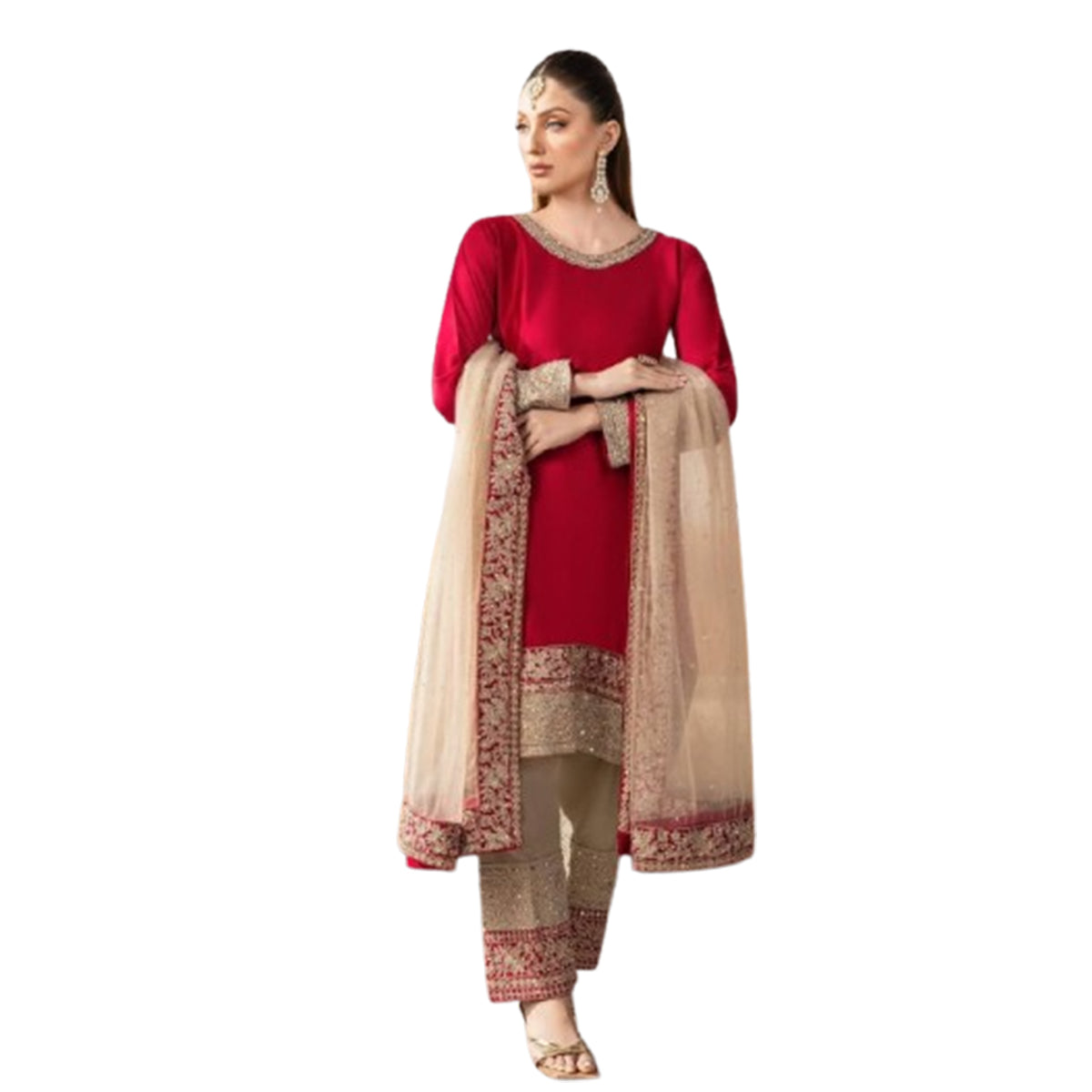 SHAFNUFAB WOMEN'S Georgette Stiched Suit (SF251171-M SIZE Red Medium )