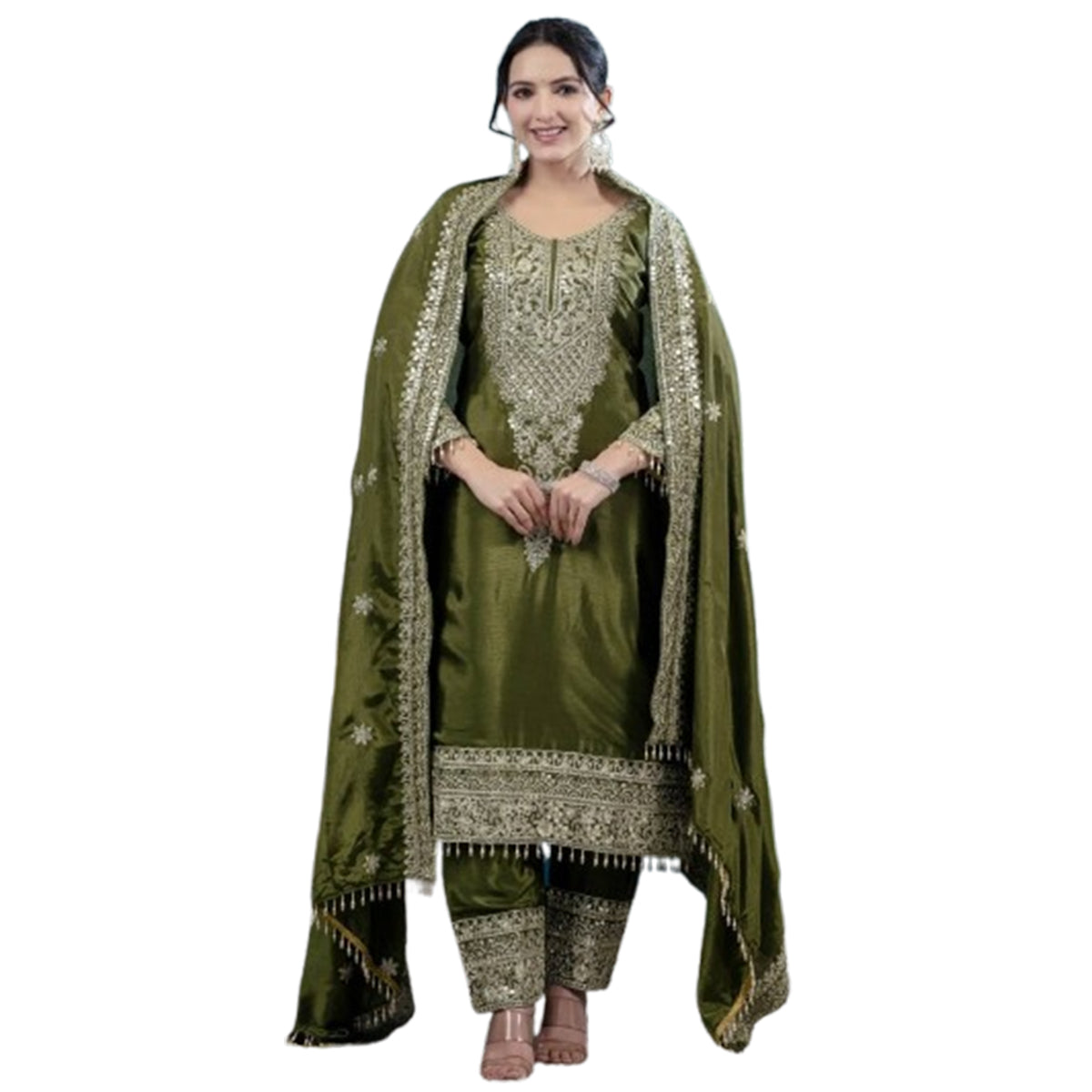 SHAFNUFAB WOMEN'S Georgette Stiched Suit (SF251172-M SIZE Green Medium )