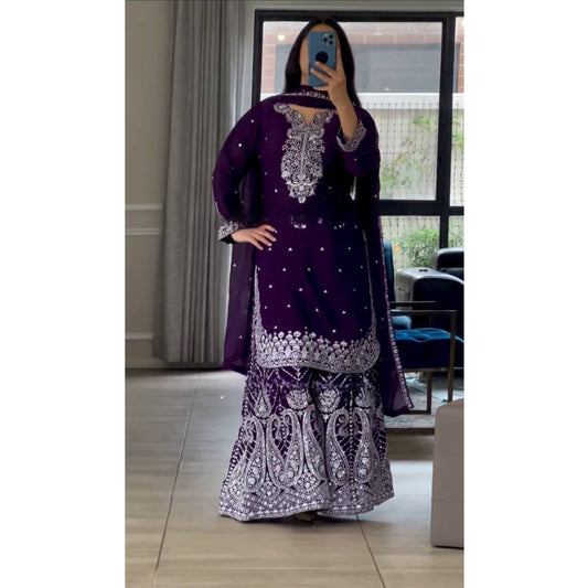 SHAFNUFAB WOMEN'S Georgette Stiched Suit (SF251173-M SIZE Wine Medium )