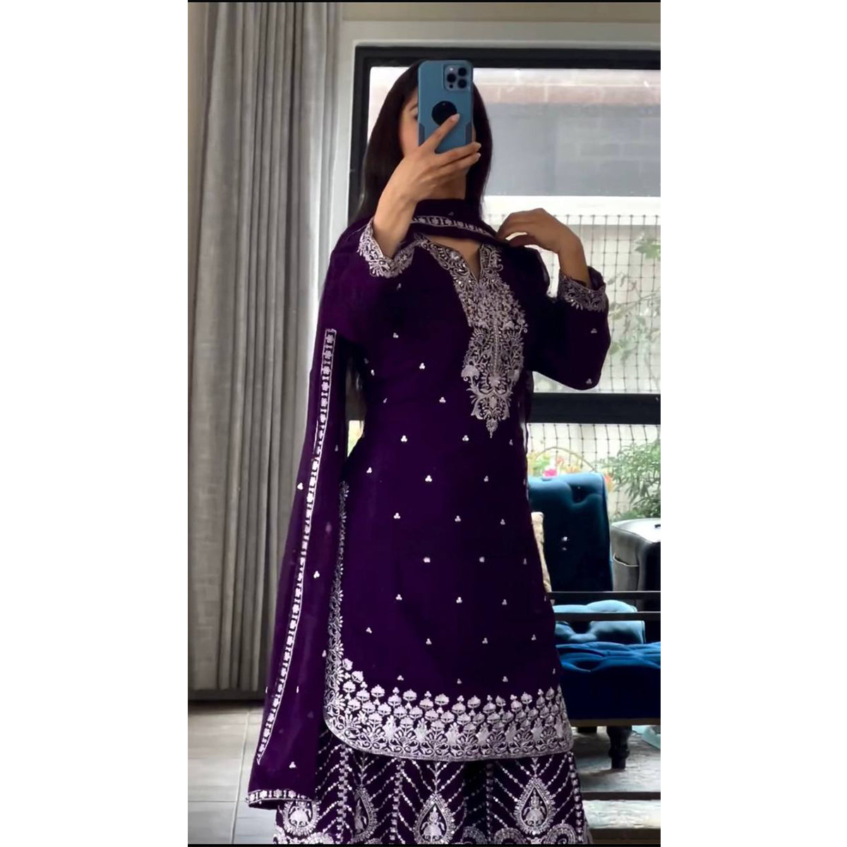 SHAFNUFAB WOMEN'S Georgette Stiched Suit (SF251173-M SIZE Wine Medium )