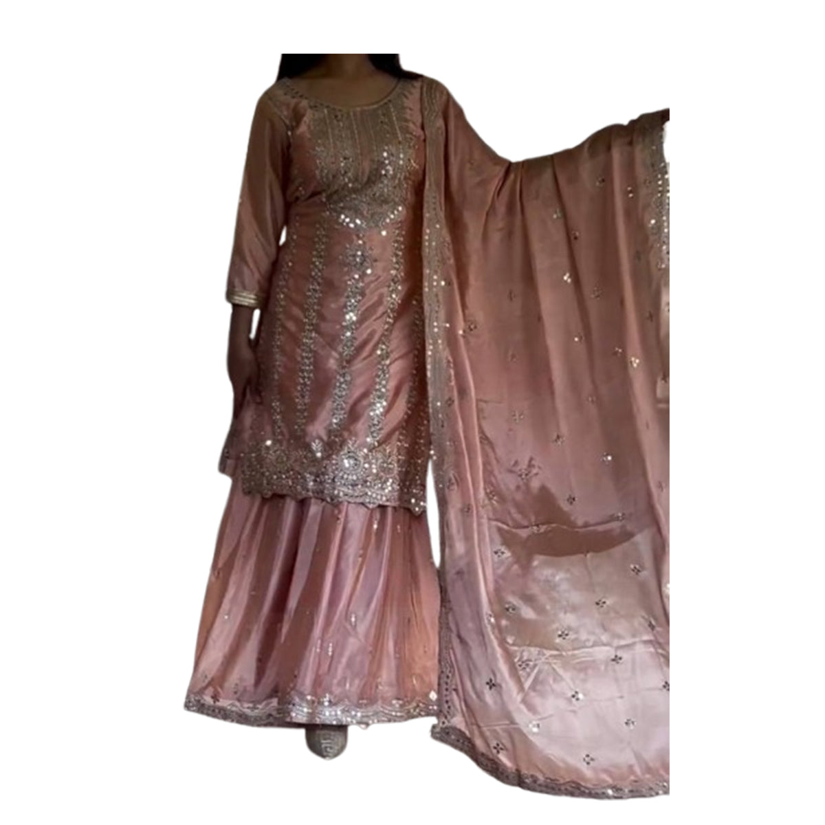 SHAFNUFAB WOMEN'S Georgette Stiched Suit (SF251174-M SIZE Beige Medium )