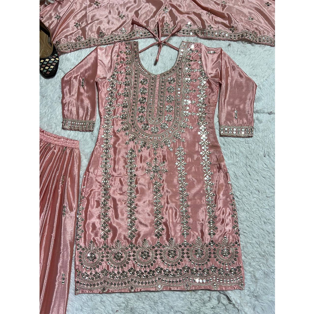 SHAFNUFAB WOMEN'S Georgette Stiched Suit (SF251174-M SIZE Beige Medium )