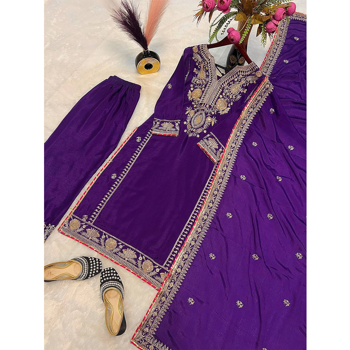 SHAFNUFAB WOMEN'S Georgette Stiched Suit (SF251176-M SIZE Purple1 Medium )