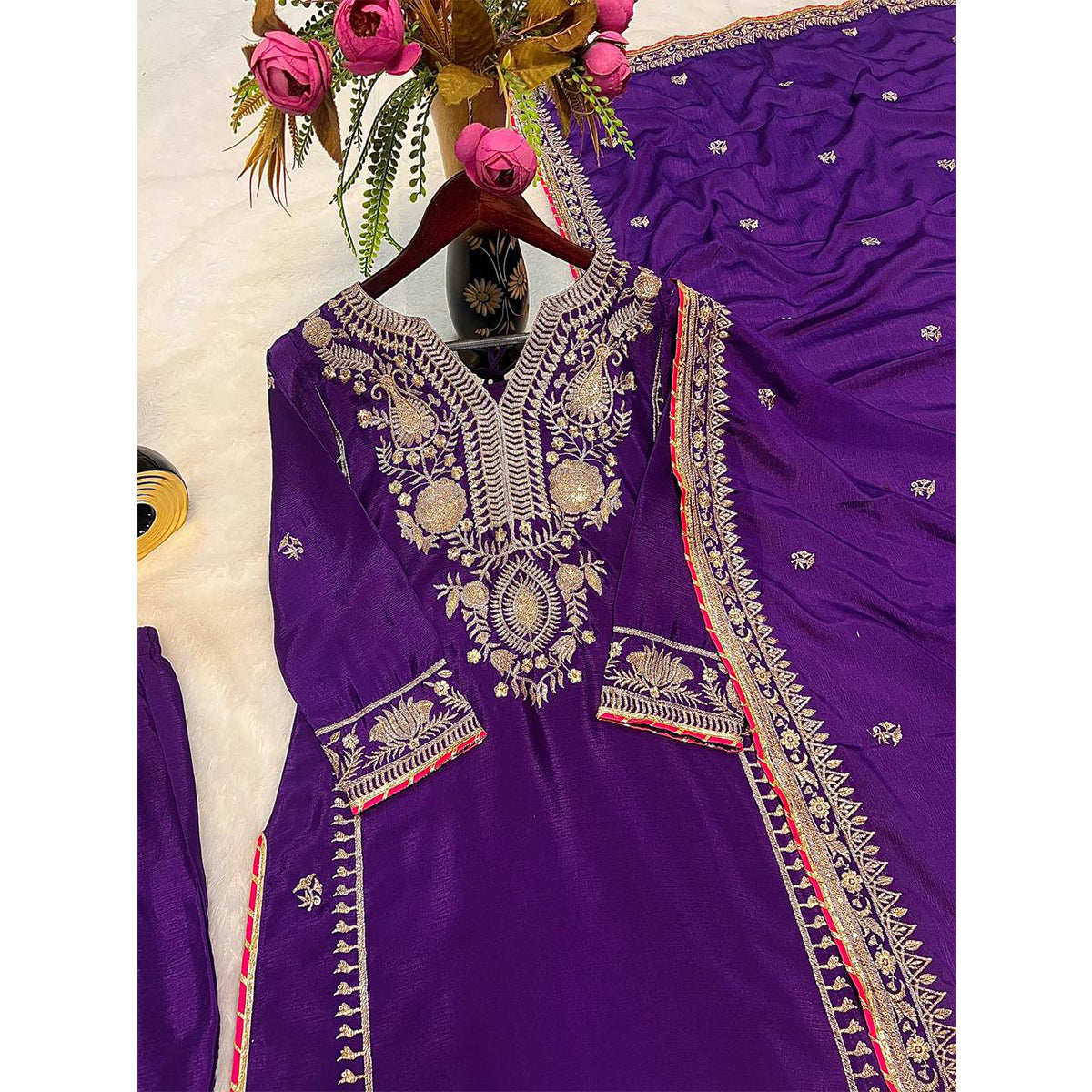 SHAFNUFAB WOMEN'S Georgette Stiched Suit (SF251176-M SIZE Purple1 Medium )
