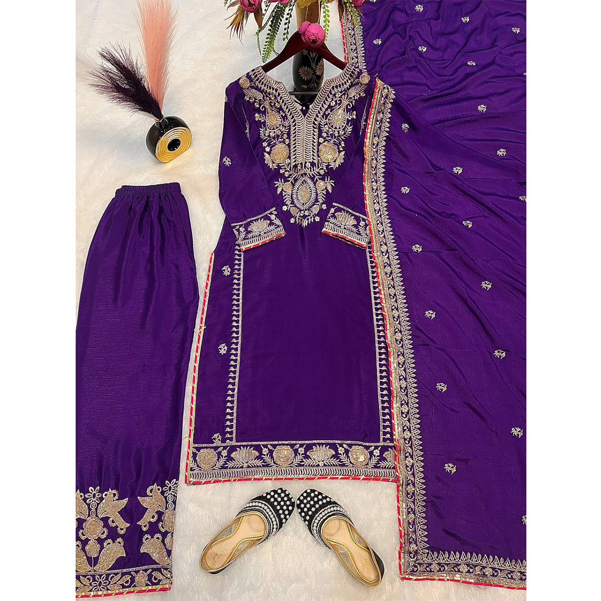 SHAFNUFAB WOMEN'S Georgette Stiched Suit (SF251176-M SIZE Purple1 Medium )