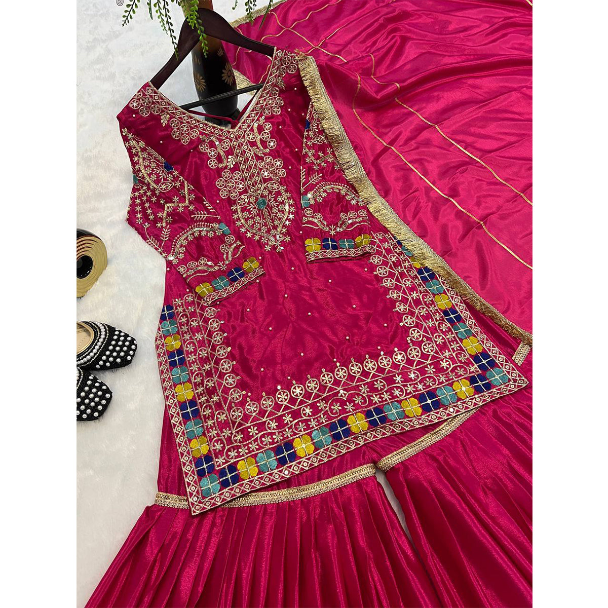 SHAFNUFAB WOMEN'S Georgette Stiched Suit (SF251177-M SIZE Pink1 Medium )