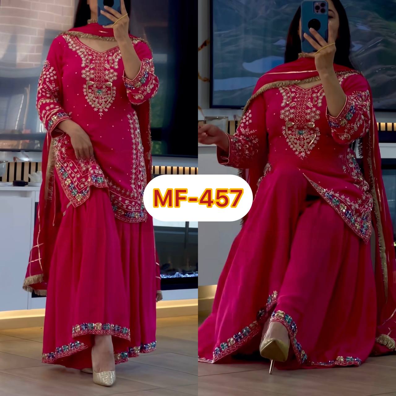 SHAFNUFAB WOMEN'S Georgette Stiched Suit (SF251177-M SIZE Pink1 Medium )