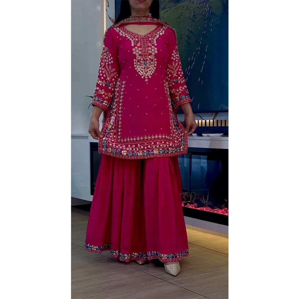SHAFNUFAB WOMEN'S Georgette Stiched Suit (SF251177-M SIZE Pink1 Medium )
