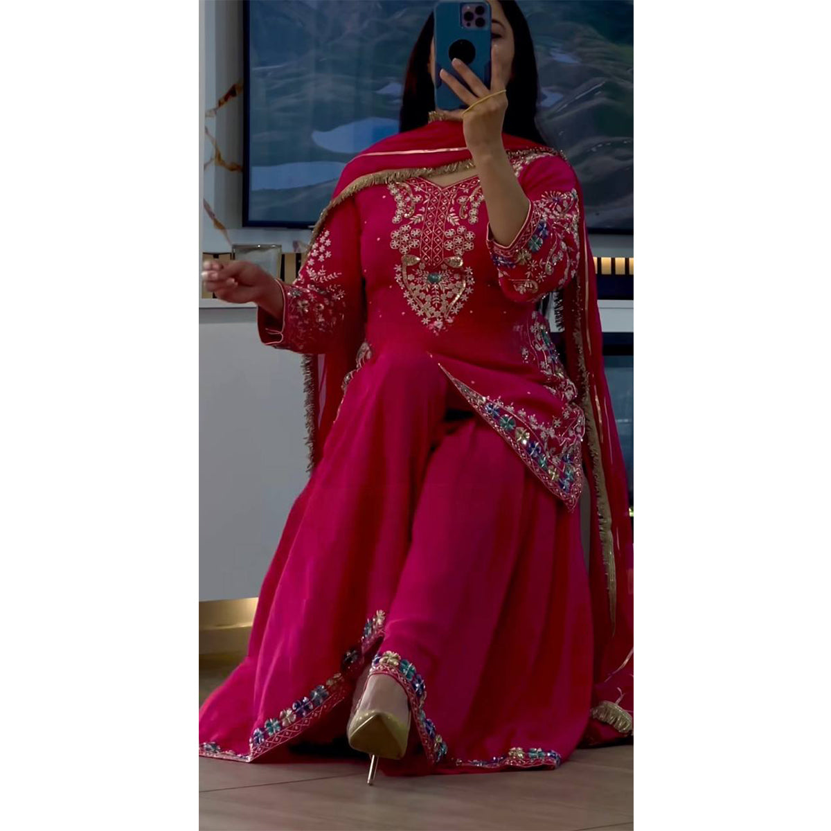 SHAFNUFAB WOMEN'S Georgette Stiched Suit (SF251177-M SIZE Pink1 Medium )
