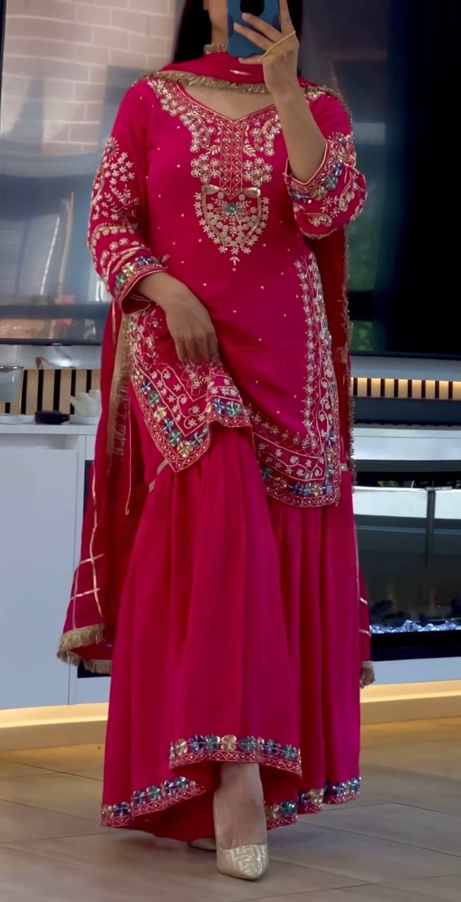 SHAFNUFAB WOMEN'S Georgette Stiched Suit (SF251177-M SIZE Pink1 Medium )