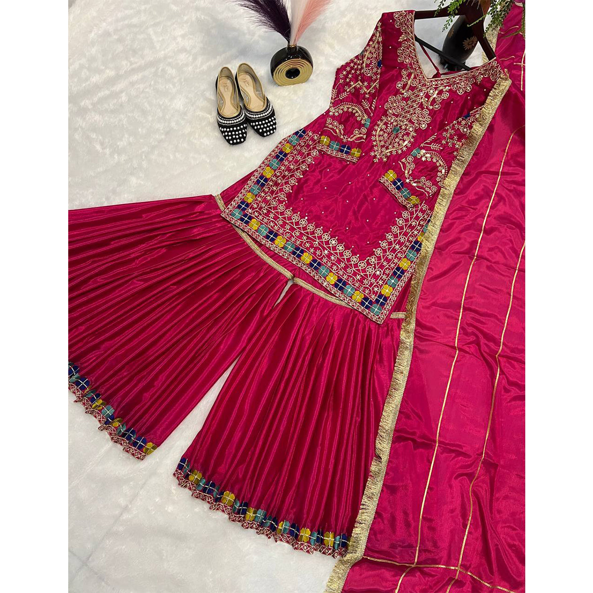SHAFNUFAB WOMEN'S Georgette Stiched Suit (SF251177-M SIZE Pink1 Medium )