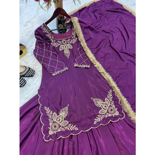 SHAFNUFAB WOMEN'S Georgette Stiched Suit (SF251180-M SIZE Purple2 Medium )