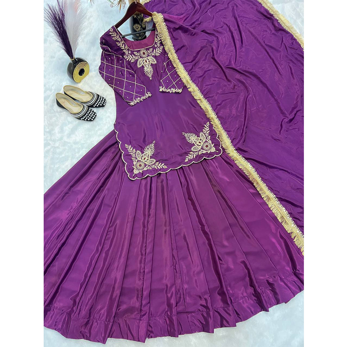 SHAFNUFAB WOMEN'S Georgette Stiched Suit (SF251180-M SIZE Purple2 Medium )