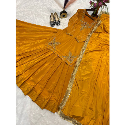 SHAFNUFAB WOMEN'S Georgette Stiched Suit (SF251182-M SIZE Yellow Medium )