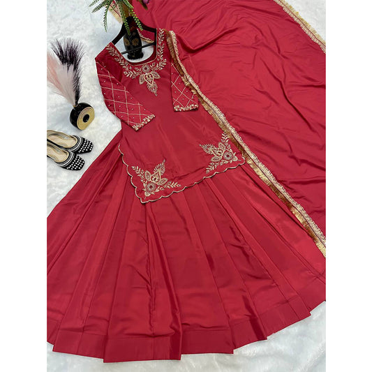 SHAFNUFAB WOMEN'S Georgette Stiched Suit (SF251183-M SIZE Red Medium )