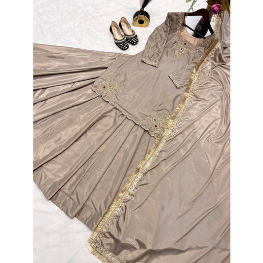 SHAFNUFAB WOMEN'S Georgette Stiched Suit (SF251185-M SIZE Brown Medium )