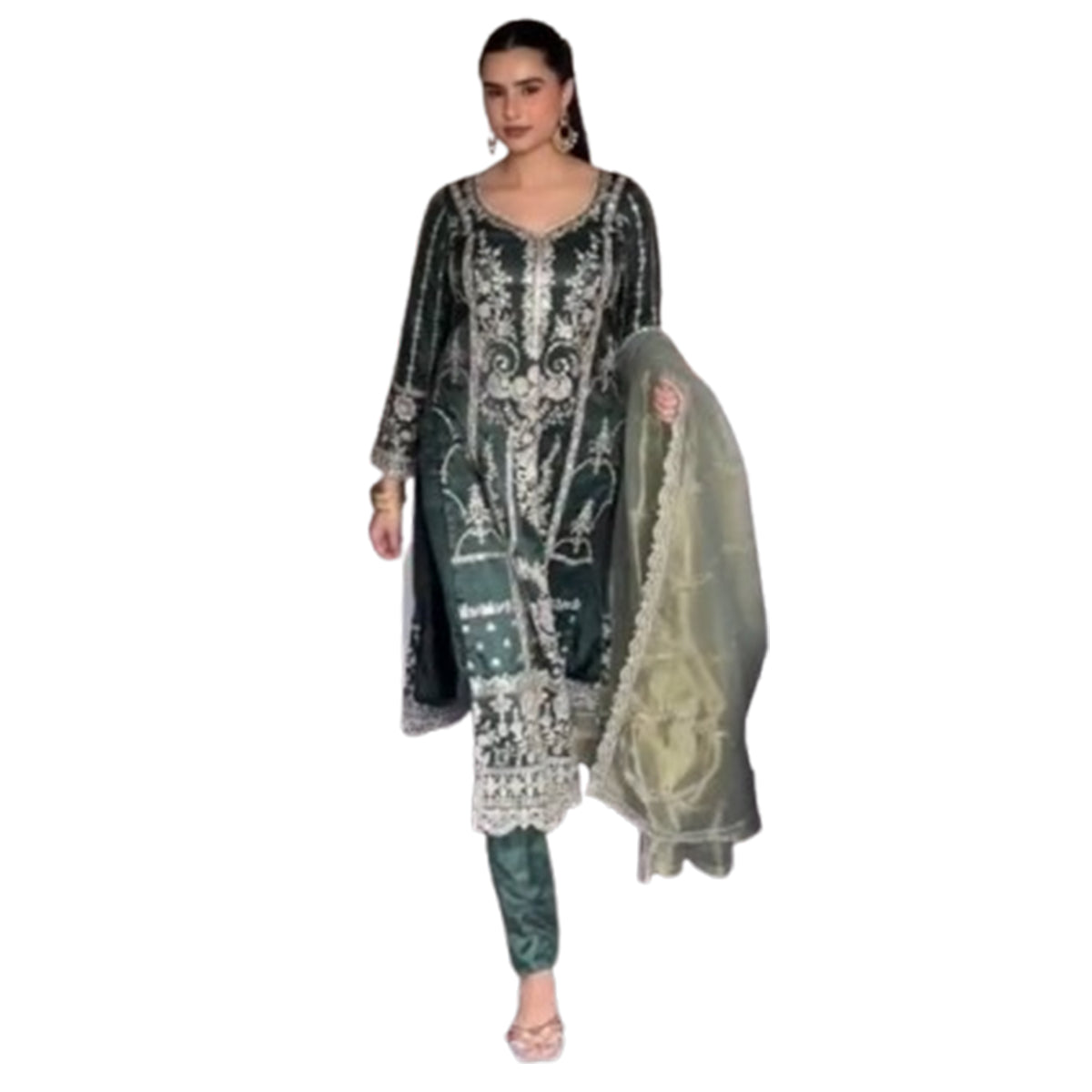 SHAFNUFAB WOMEN'S Georgette Stiched Suit (SF251189-M SIZE Dark Green Medium )