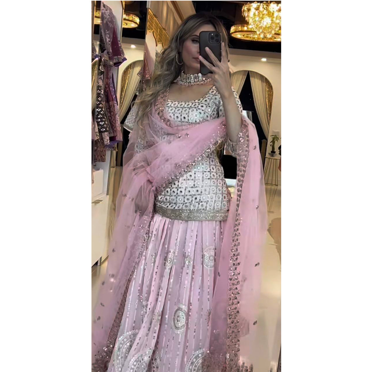 SHAFNUFAB WOMEN'S Georgette Stiched Suit (SF251194-M SIZE Pink Medium )