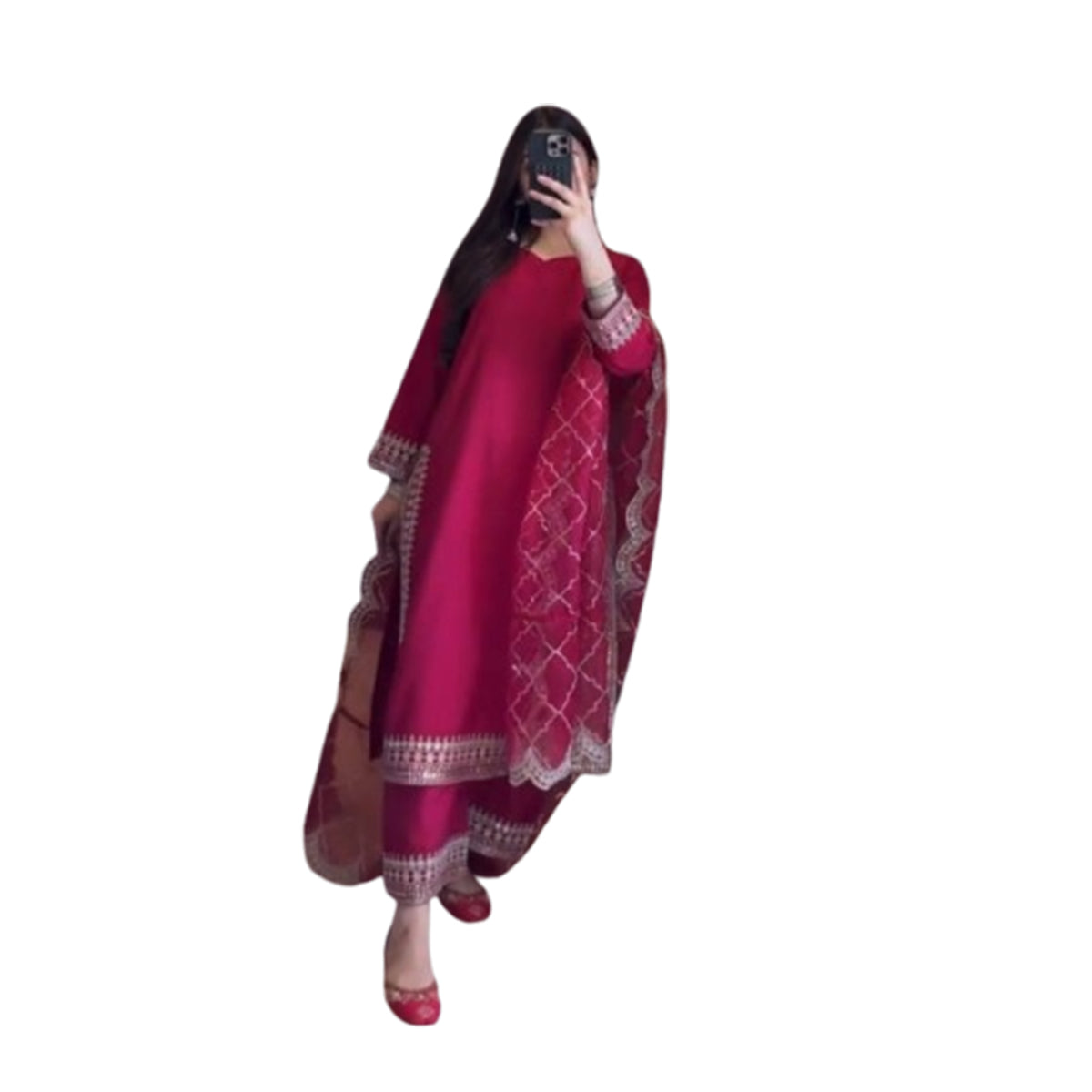 SHAFNUFAB WOMEN'S Art Silk Stiched Suit (SF251196-M SIZE Red Medium )