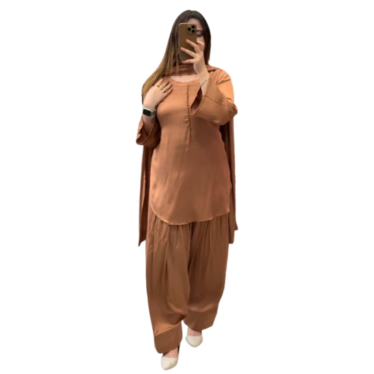 SHAFNUFAB WOMEN'S Art Silk Stiched Suit (SF251198-M SIZE Brown Medium )