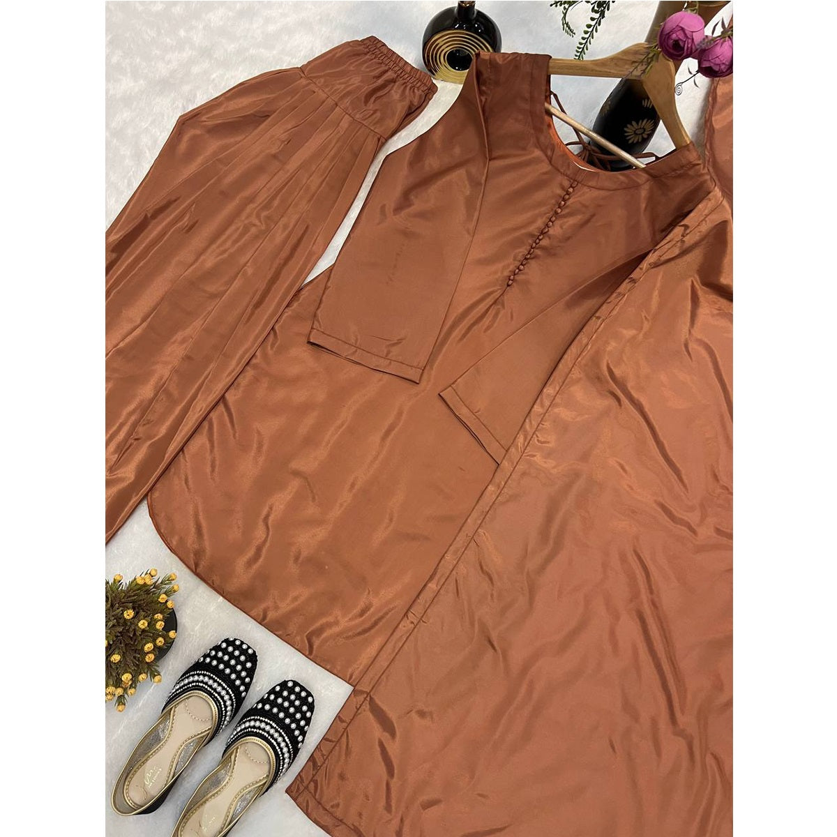 SHAFNUFAB WOMEN'S Art Silk Stiched Suit (SF251198-M SIZE Brown Medium )