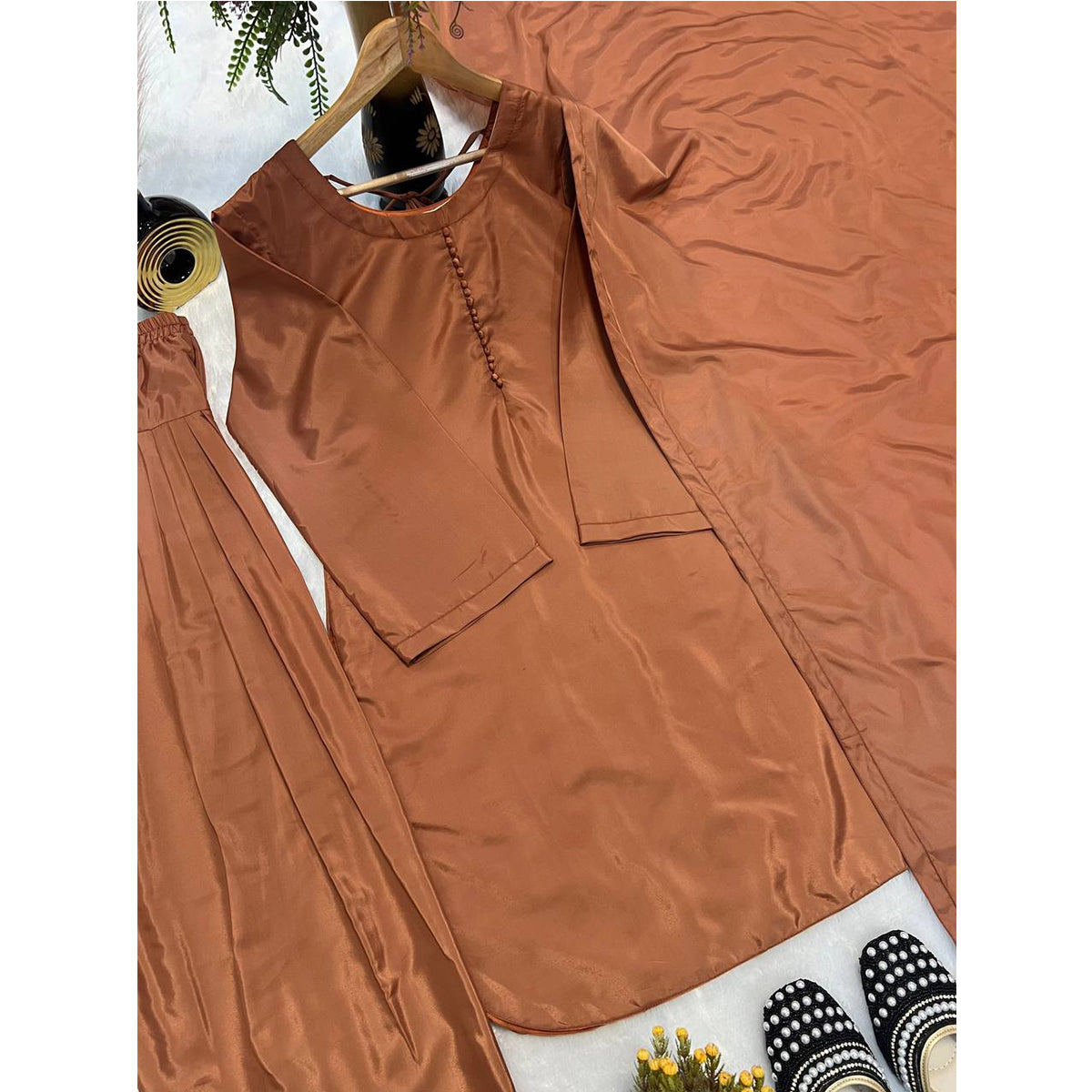 SHAFNUFAB WOMEN'S Art Silk Stiched Suit (SF251198-M SIZE Brown Medium )