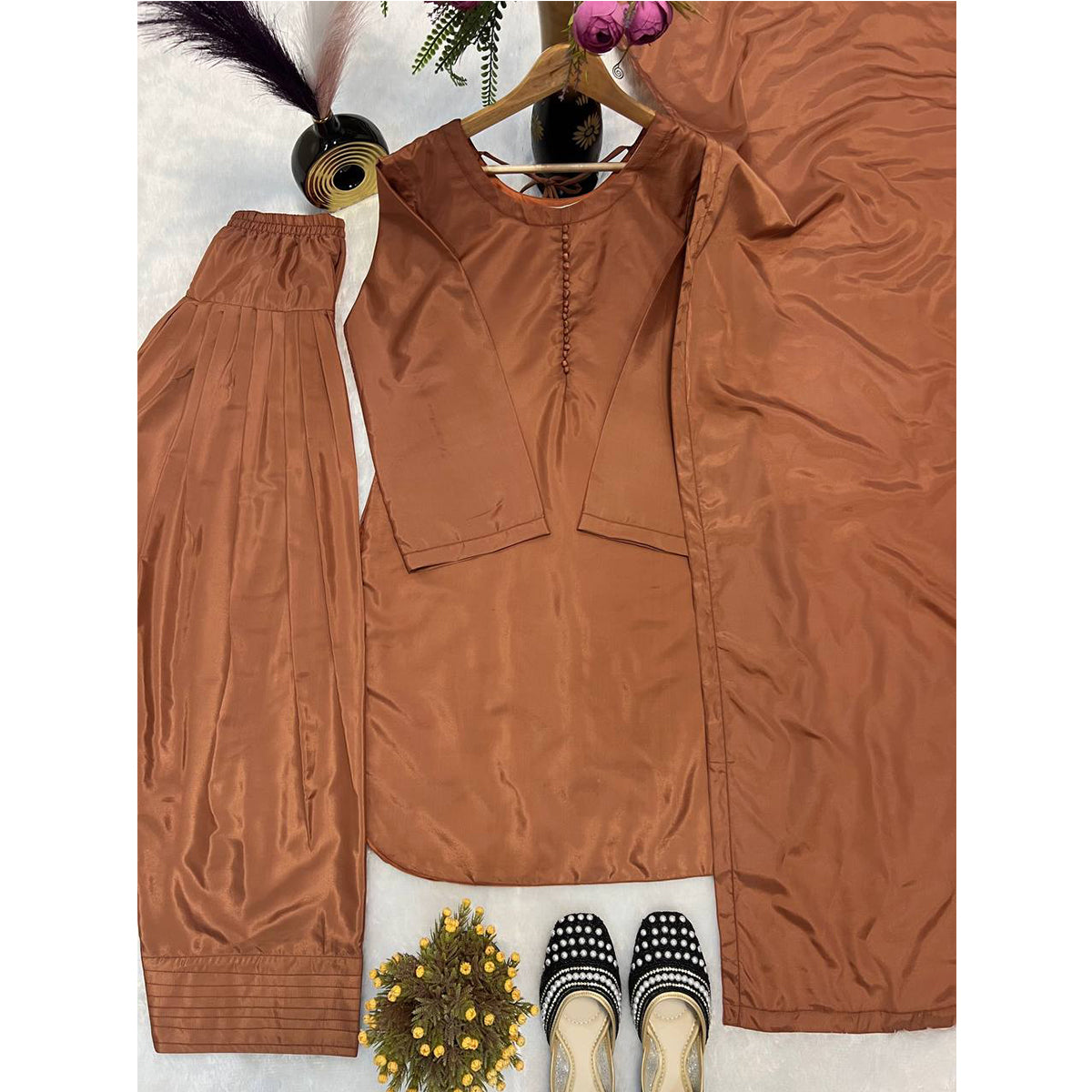 SHAFNUFAB WOMEN'S Art Silk Stiched Suit (SF251198-M SIZE Brown Medium )