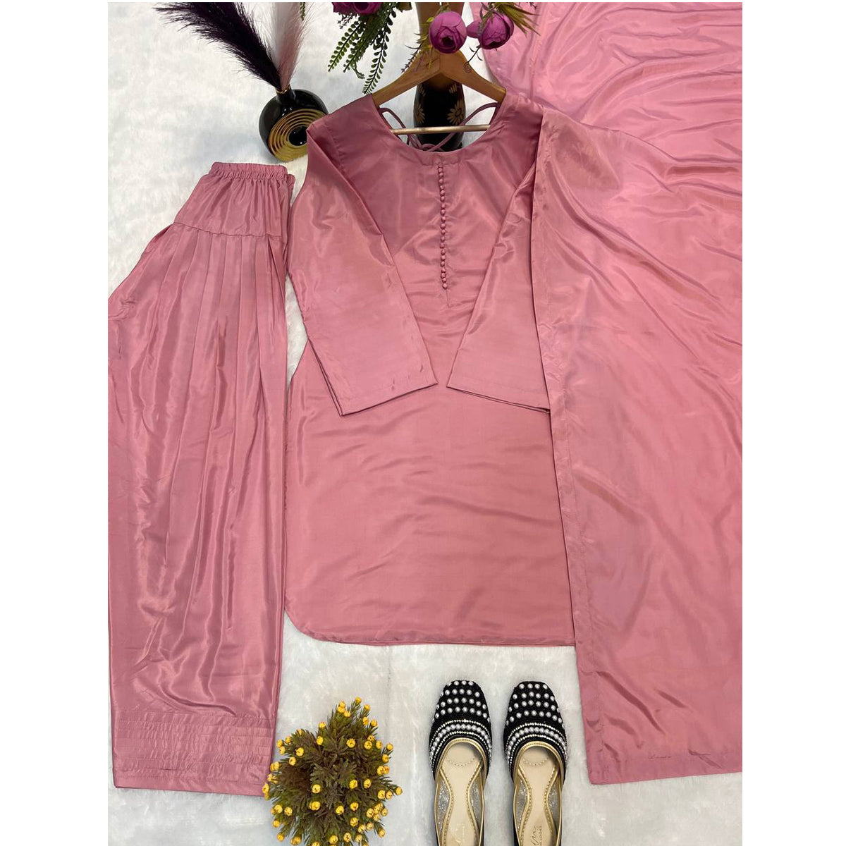 SHAFNUFAB WOMEN'S Art Silk Stiched Suit (SF251199-M SIZE Pink Medium )