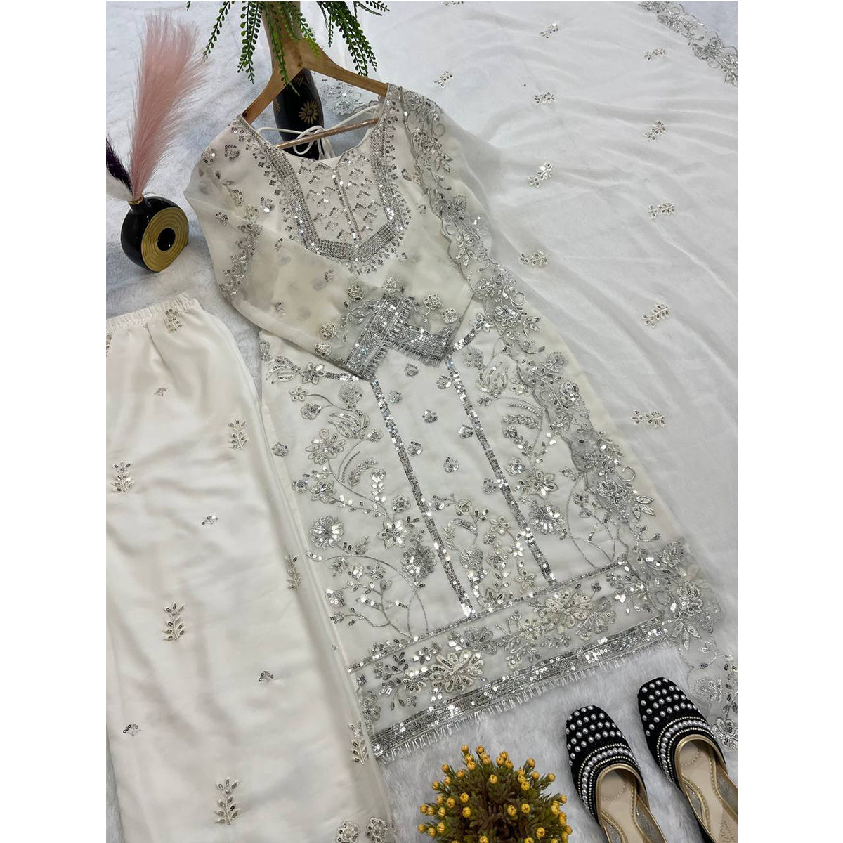 SHAFNUFAB WOMEN'S Art Silk Stiched Suit (SF251200-M SIZE White Medium )