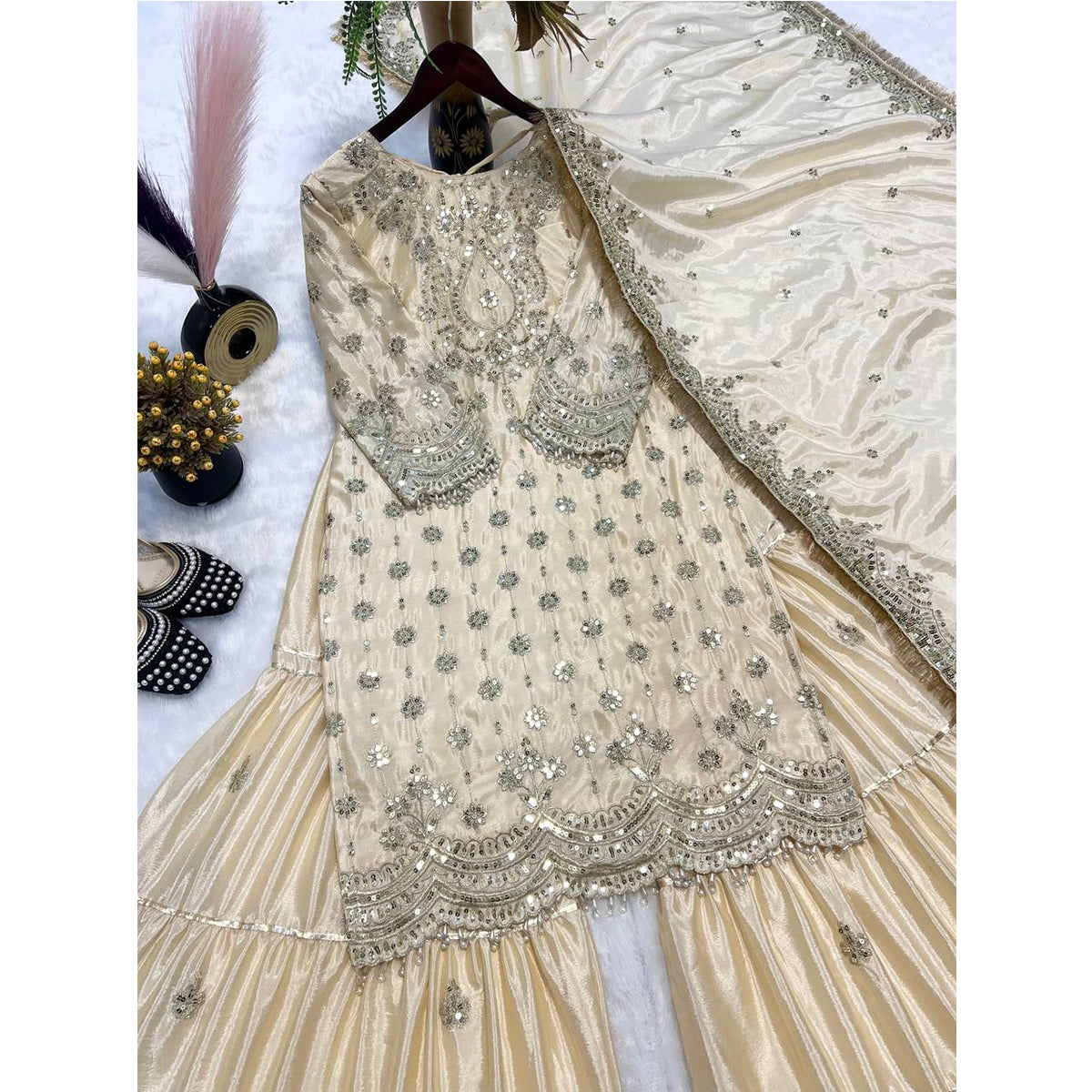 SHAFNUFAB WOMEN'S Art Silk Stiched Suit (SF251201-M SIZE Beige Medium )