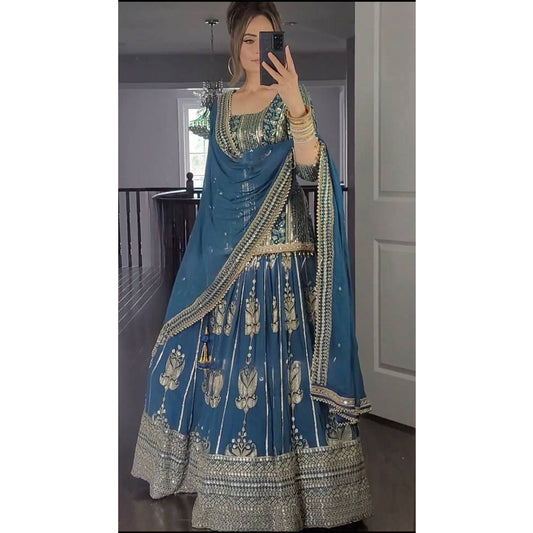 SHAFNUFAB WOMEN'S Georgette Stiched Suit (SF25142 Blue Free-Size )