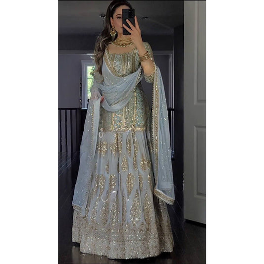 SHAFNUFAB WOMEN'S Georgette Stiched Suit (SF25144 Silver Free-Size )