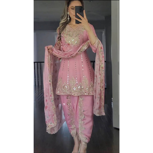 SHAFNUFAB WOMEN'S Georgette Stiched Suit (SF25148 Pink Free-Size )