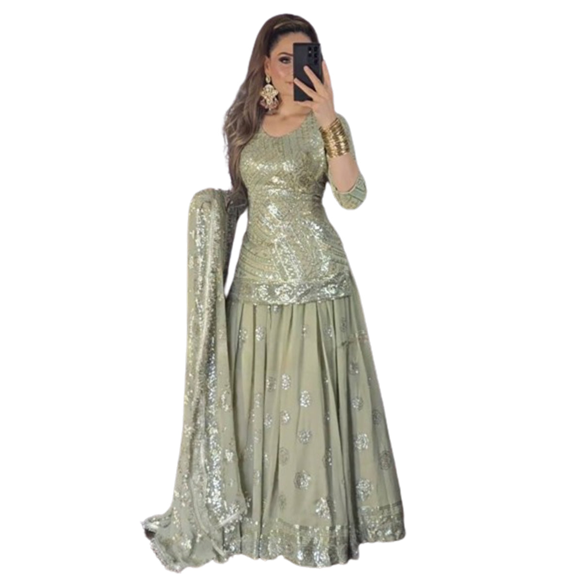 SHAFNUFAB WOMEN'S Georgette Stiched Suit (SF25195-M SIZE Dark Green Medium )