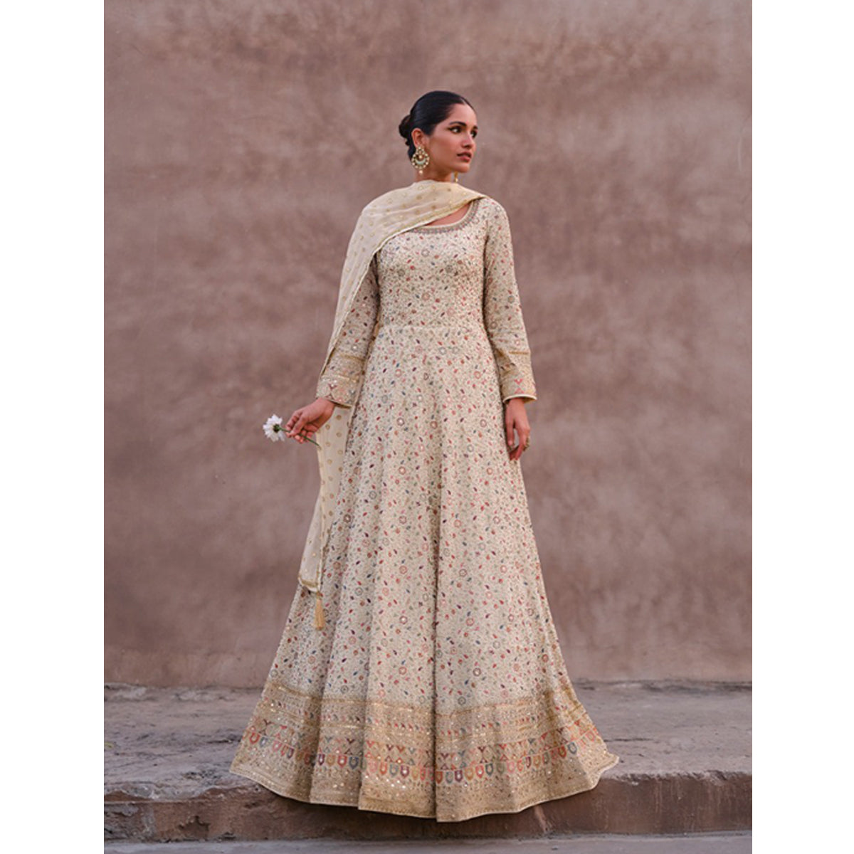 Shafnufab Women's Georgette Semi Stitched Pakistani Suit And Anarkali Suit In White Colour SF271108