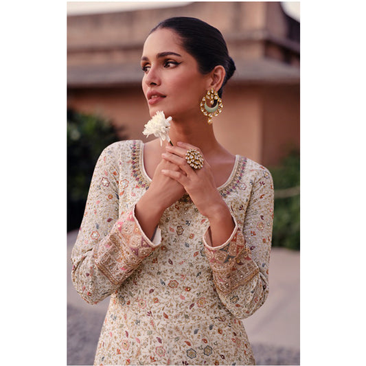 Shafnufab Women's Georgette Semi Stitched Pakistani Suit And Anarkali Suit In White Colour SF271108