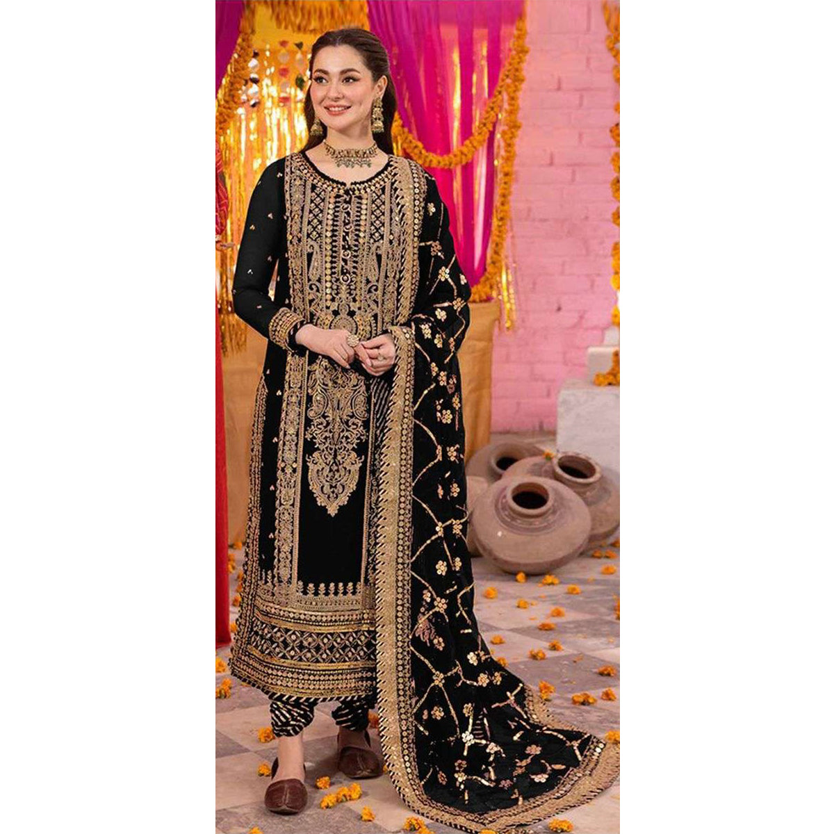 Shafnufab Women's Georgette Semi Stitched Pakistani Suit And Anarkali Suit In black Colour SF27151