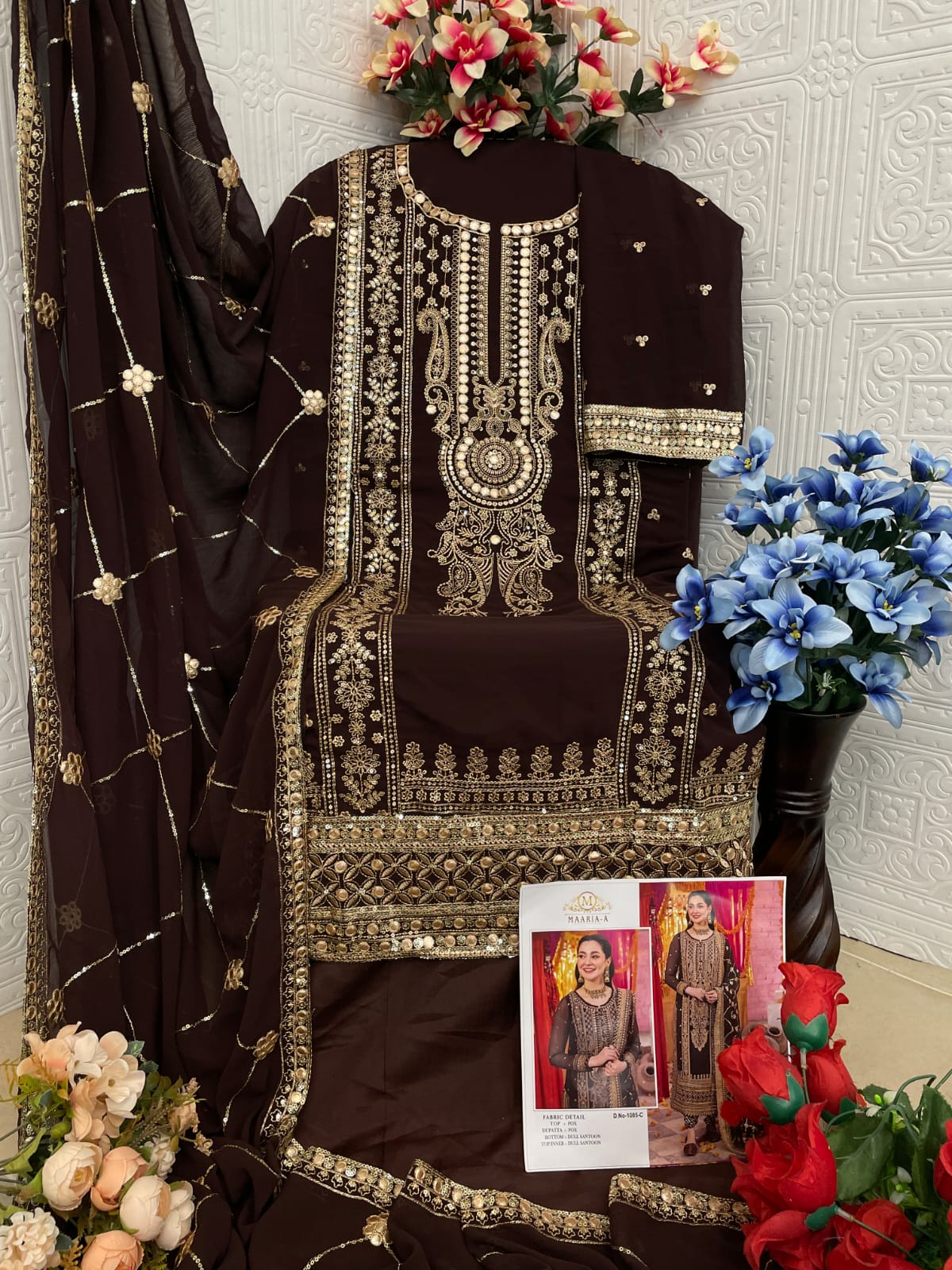 Shafnufab Women's Georgette Semi Stitched Pakistani Suit And Anarkali Suit In Brown Colour SF27152