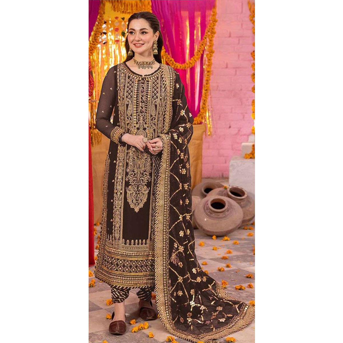 Shafnufab Women's Georgette Semi Stitched Pakistani Suit And Anarkali Suit In Brown Colour SF27152