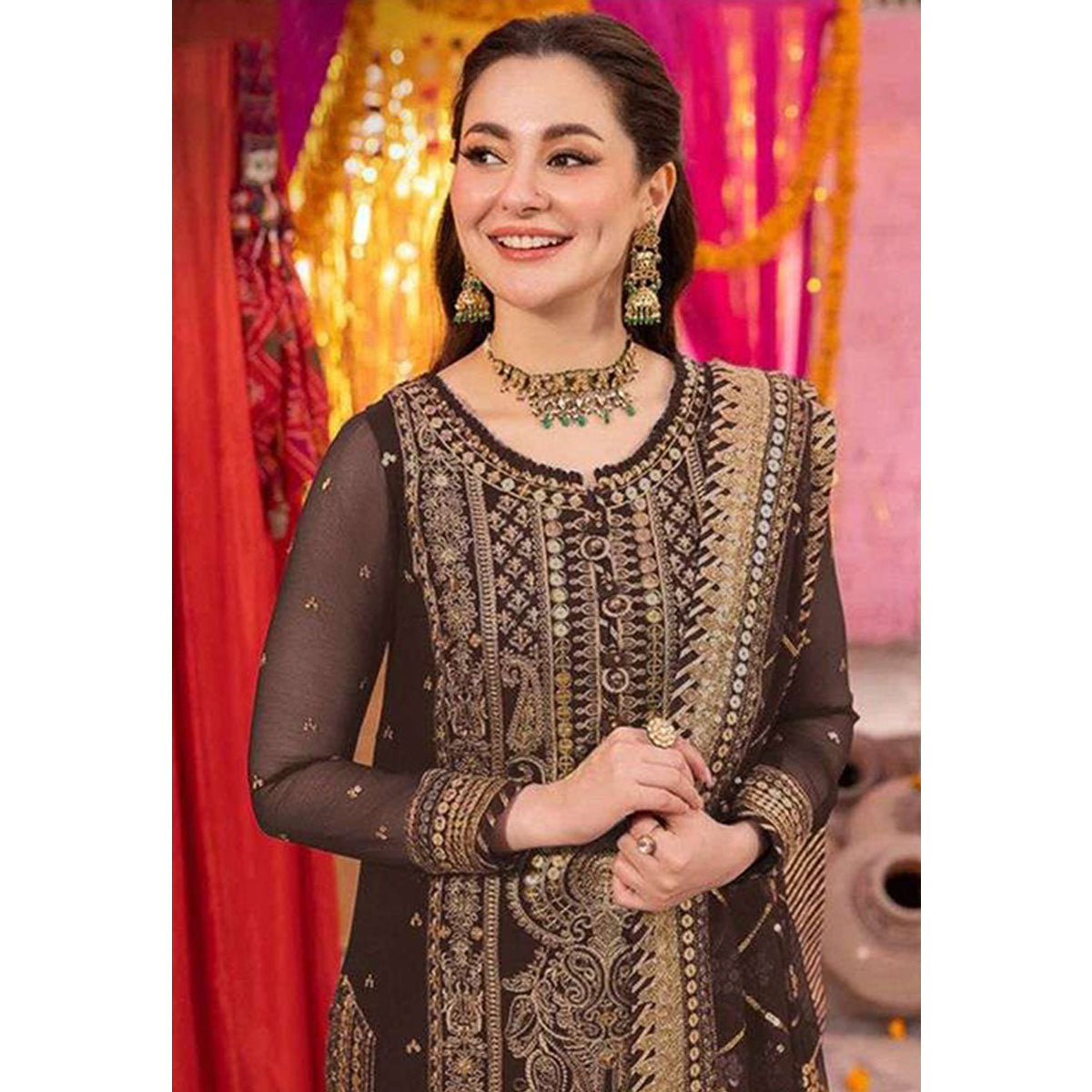 Shafnufab Women's Georgette Semi Stitched Pakistani Suit And Anarkali Suit In Brown Colour SF27152
