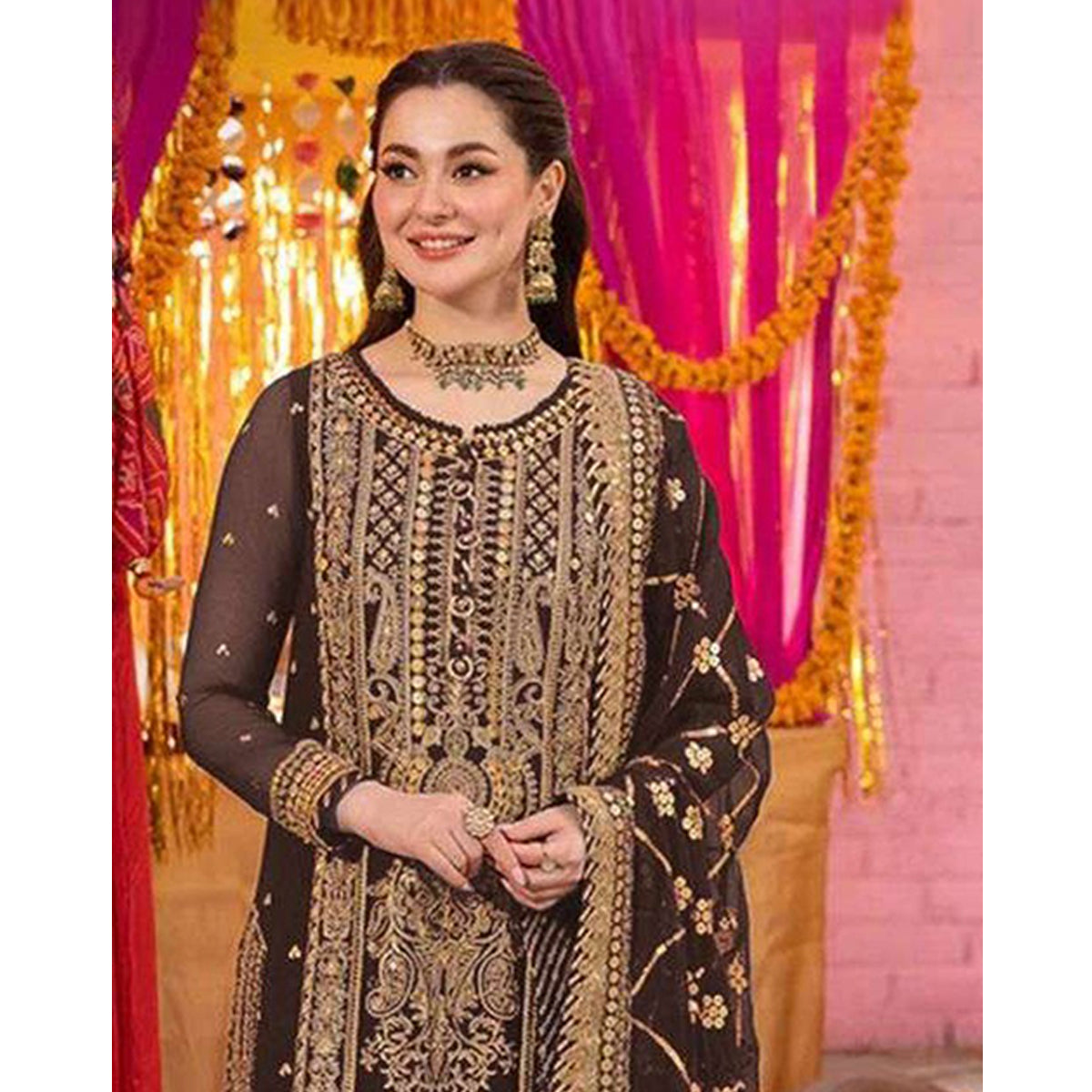 Shafnufab Women's Georgette Semi Stitched Pakistani Suit And Anarkali Suit In Brown Colour SF27152