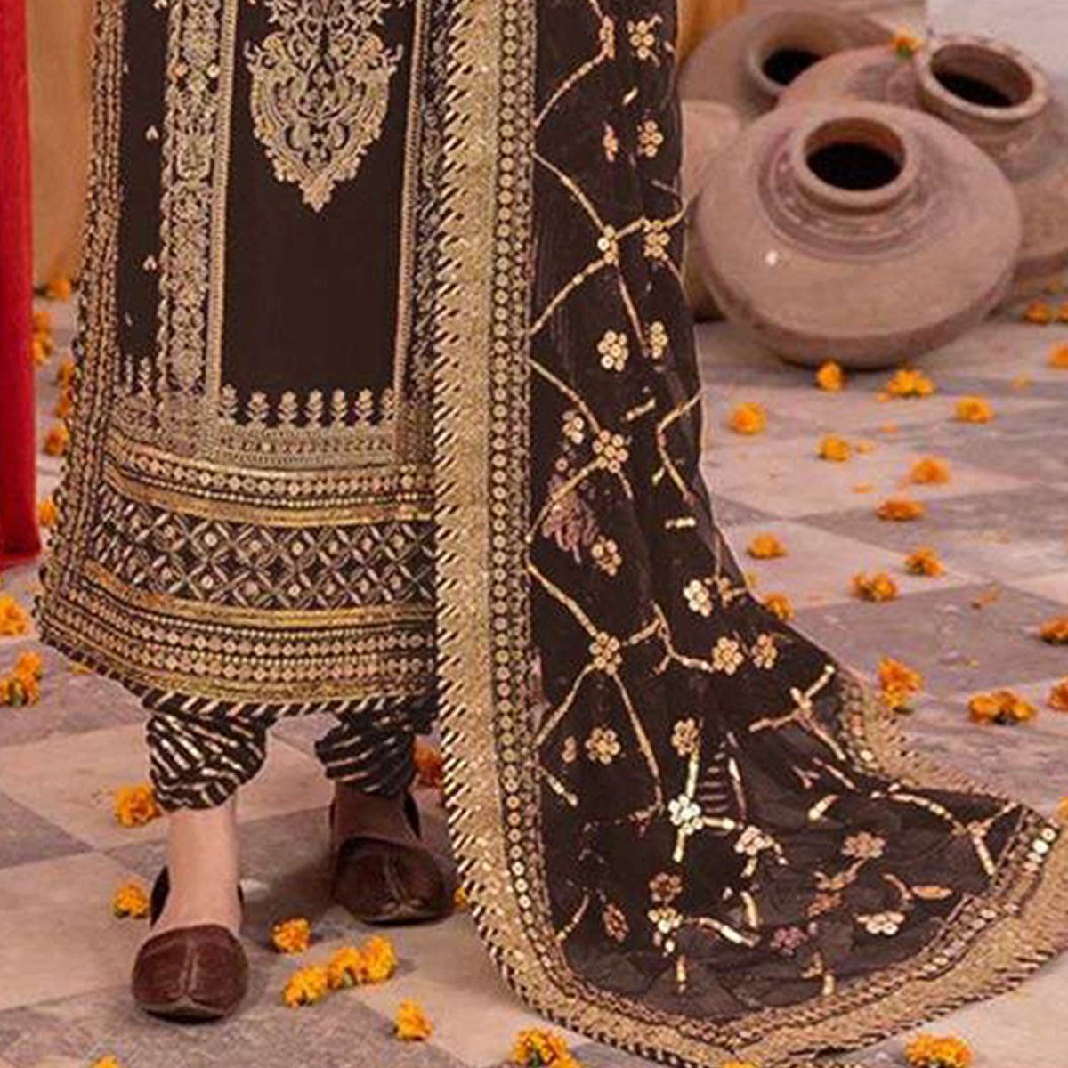 Shafnufab Women's Georgette Semi Stitched Pakistani Suit And Anarkali Suit In Brown Colour SF27152