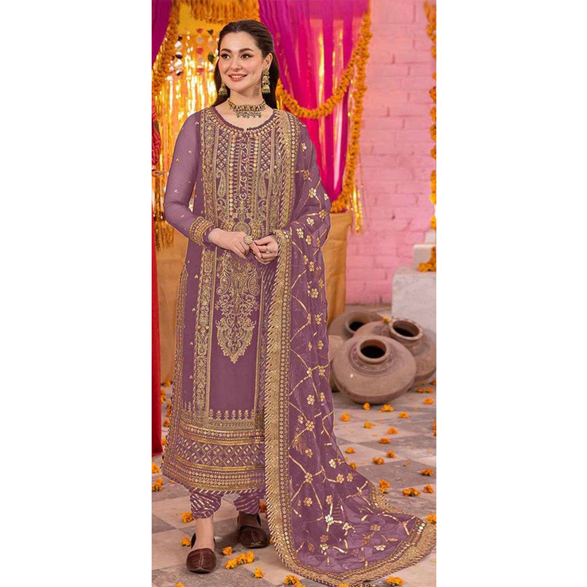 Shafnufab Women's Georgette Semi Stitched Pakistani Suit And Anarkali Suit In Purple Colour SF27153