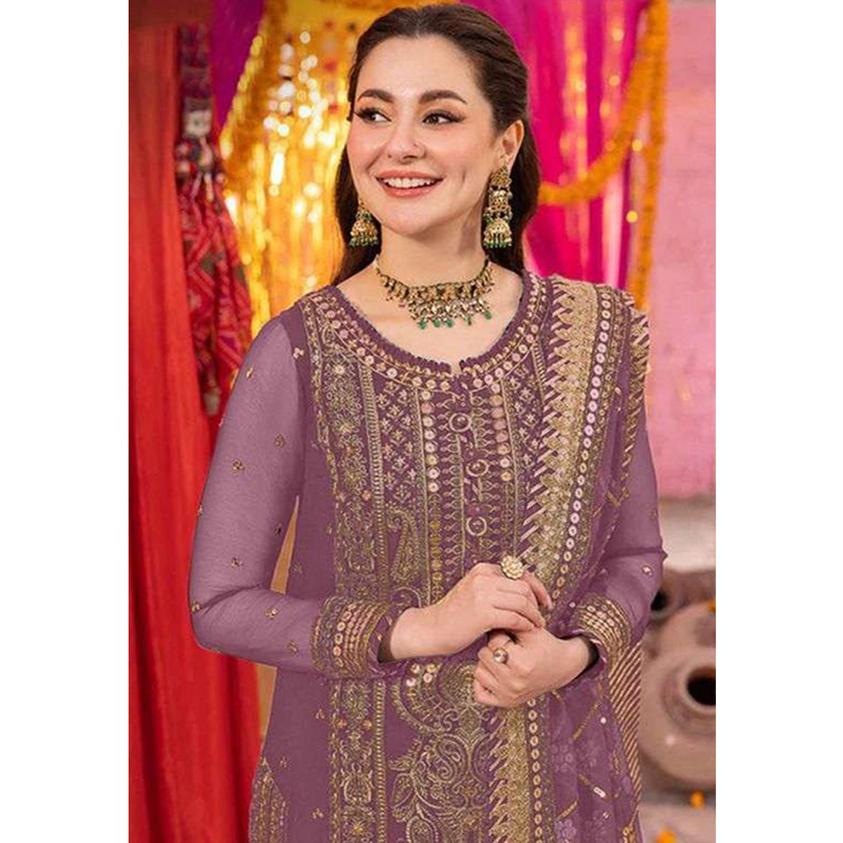 Shafnufab Women's Georgette Semi Stitched Pakistani Suit And Anarkali Suit In Purple Colour SF27153