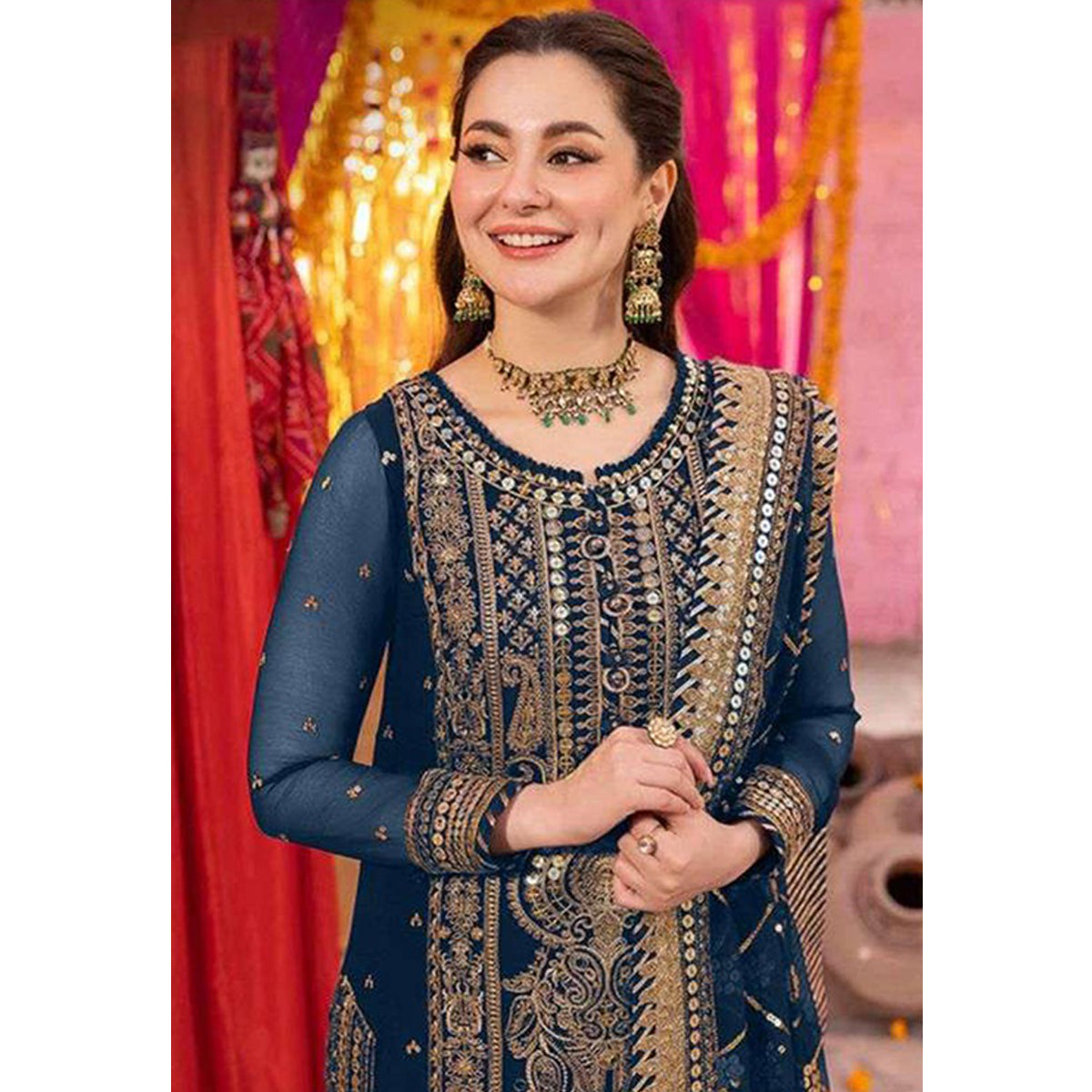 Shafnufab Women's Georgette Semi Stitched Pakistani Suit And Anarkali Suit In Blue Colour SF27154