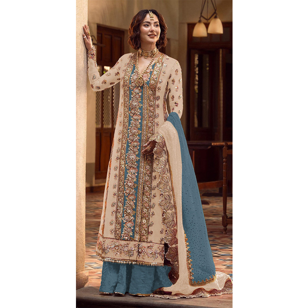 Shafnufab Women's Organza Semi Stitched Pakistani Suit And Anarkali Suit In Orange Colour SF27159
