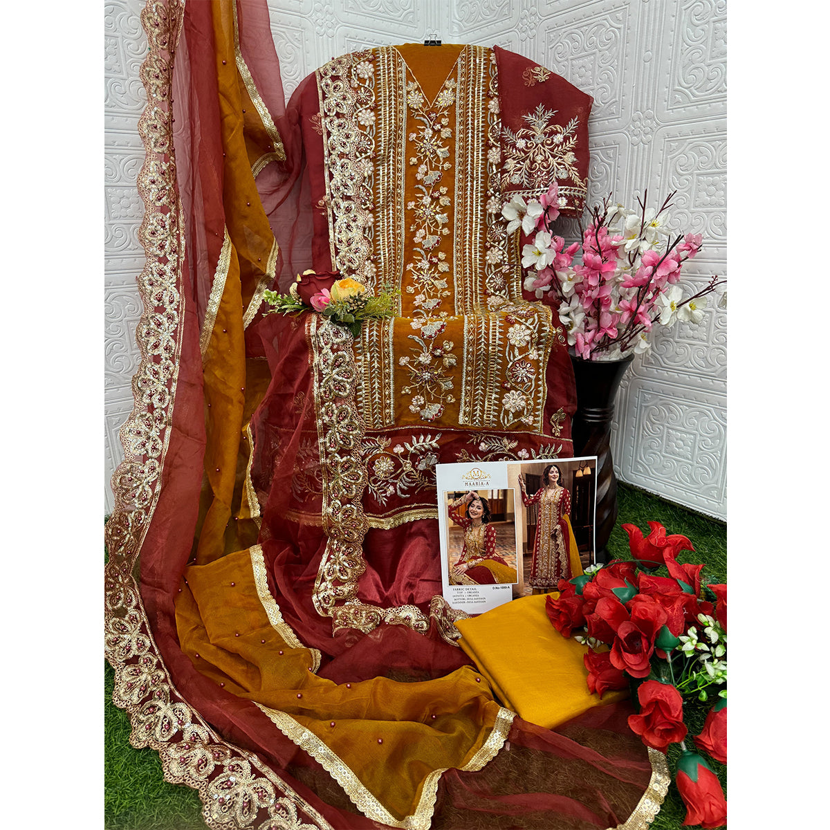 Shafnufab Women's Organza Semi Stitched Pakistani Suit And Anarkali Suit In Red Colour SF27160