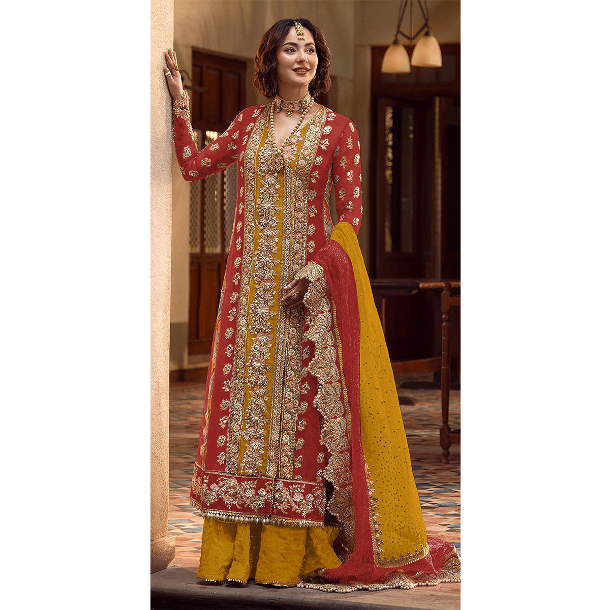 Shafnufab Women's Organza Semi Stitched Pakistani Suit And Anarkali Suit In Red Colour SF27160