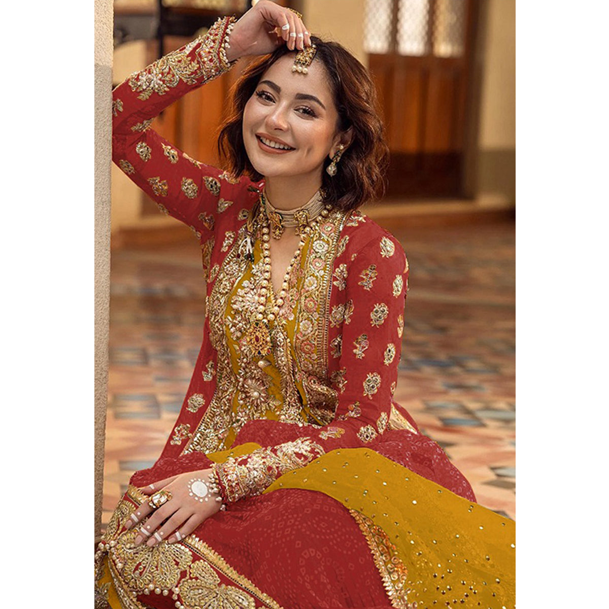 Shafnufab Women's Organza Semi Stitched Pakistani Suit And Anarkali Suit In Red Colour SF27160